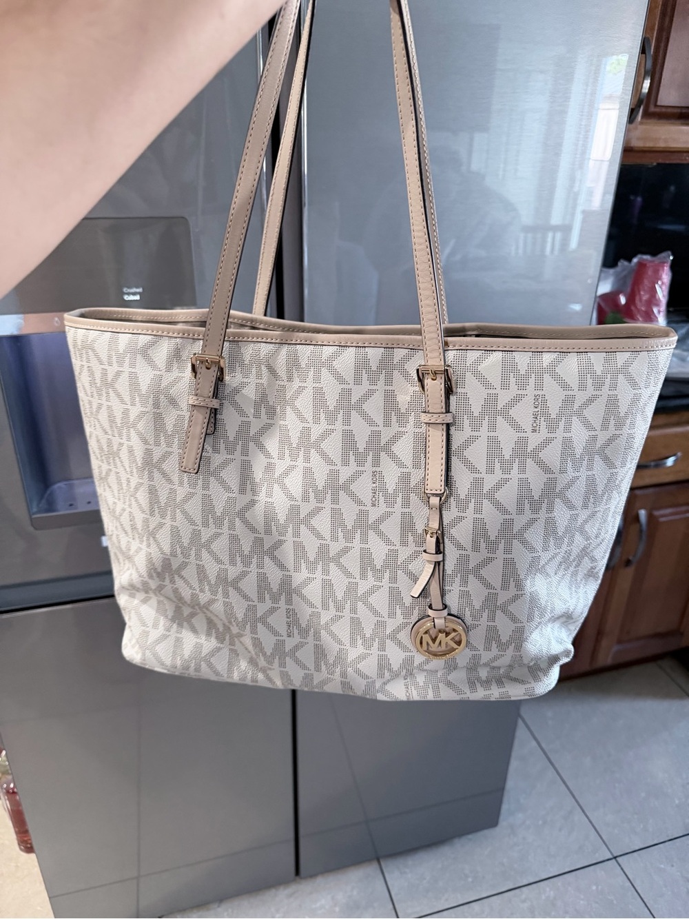Michael Kors Cream Logo Tote with Gold Charm
